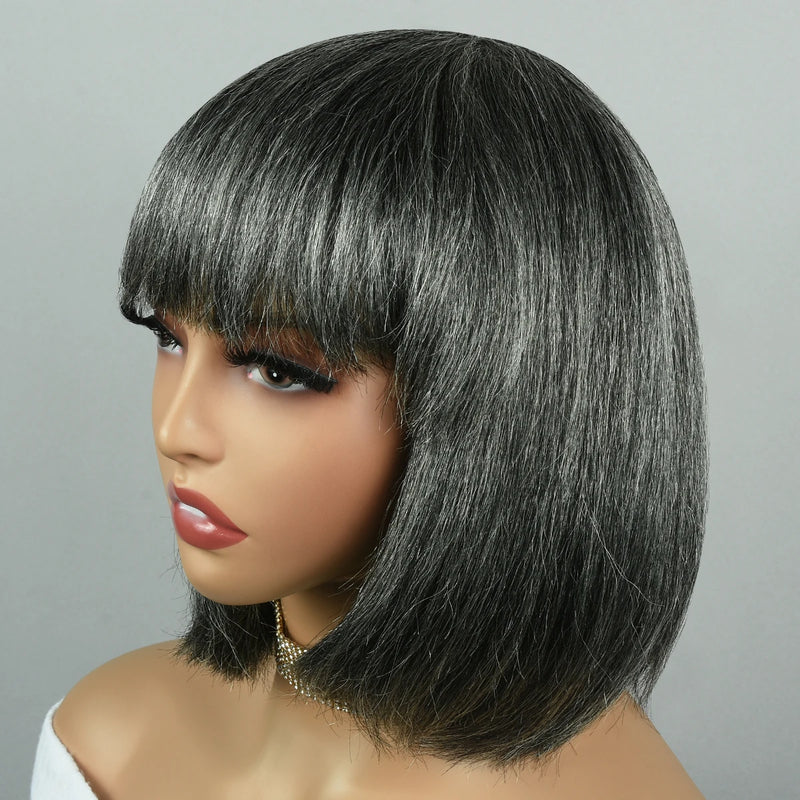 Salt & Pepper/Gray BOB Wigs, Short Human Hair, Full Machine Made Wigs for Women. Straight BOB with Bangs.
