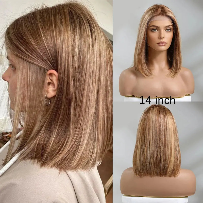 Human Hair 13x1 Lace Front Wig for Women & Girls, Shoulder Length Bob {Straight} with Highlights - Heat Resistant