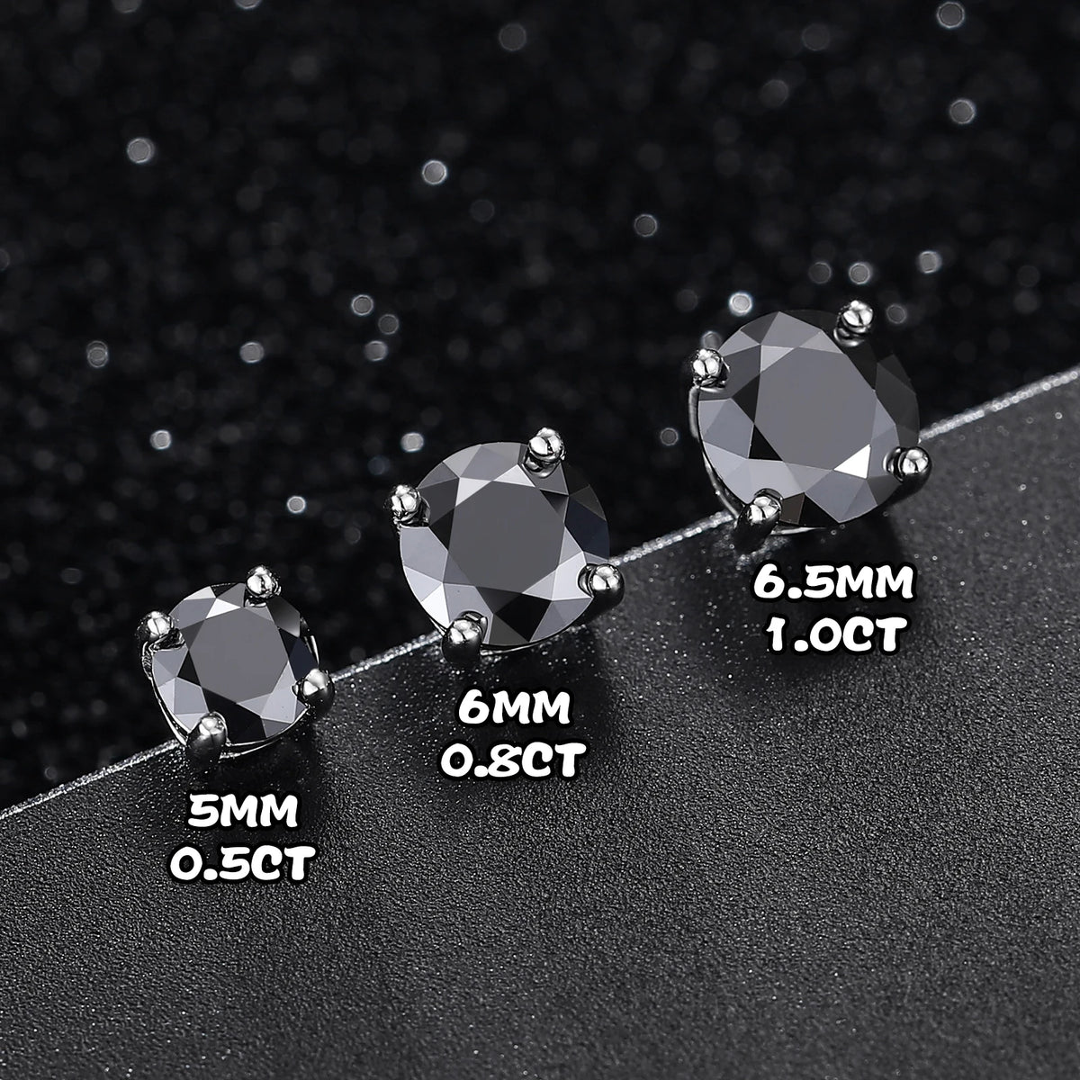 Black Moissanite Stud Earrings, Marked 925 Sterling Silver