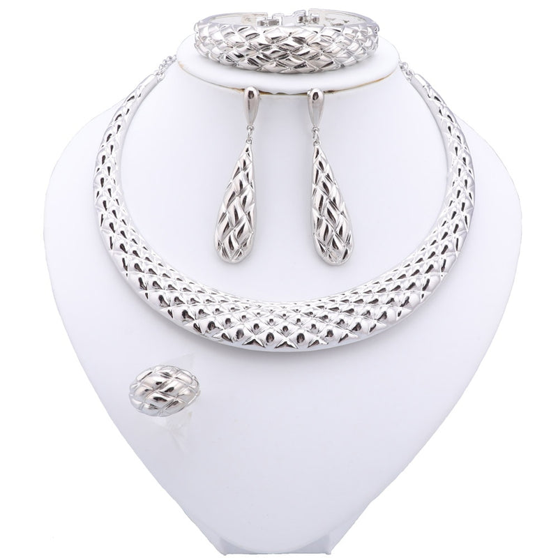 Dubai Women's Jewelry Sets, Silver Plated Necklace, Bracelet, Earrings and Ring Set. African Bridal Wedding, Gifts