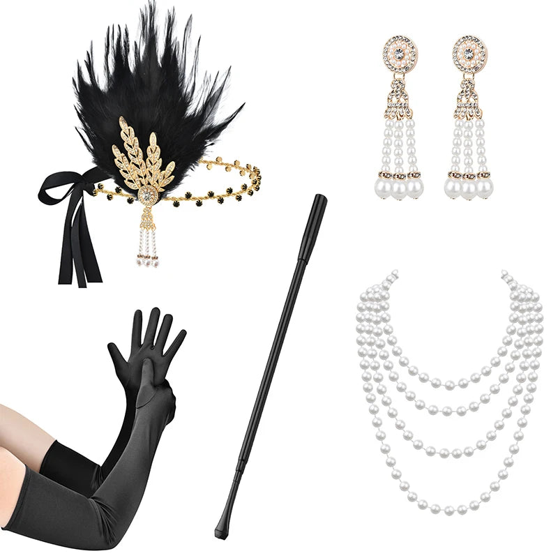 1set 1920's Cosplay Flapper Halloween Charleston Costume 1920s Gatsby Accessories Black Headpiece Great Gatsby Feather Headband Sweet T 52