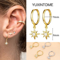 925 Silver Needle Star Hoop Earrings for Women - Five-pointed Star and Moon Pendant Huggie Earrings