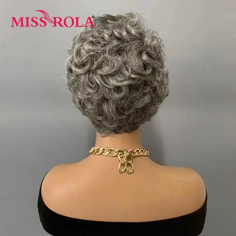 Wavy Pixie Cut Wigs, 100% Human Hair with Gray And Black Highlights With Bangs, Brazilian Remy Waves