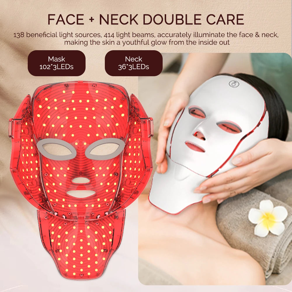 LED Facial Mask with Neck/7 Colors - Red Light Therapy Facial Mask for Anti-Aging, Rejuvenation & Brightening