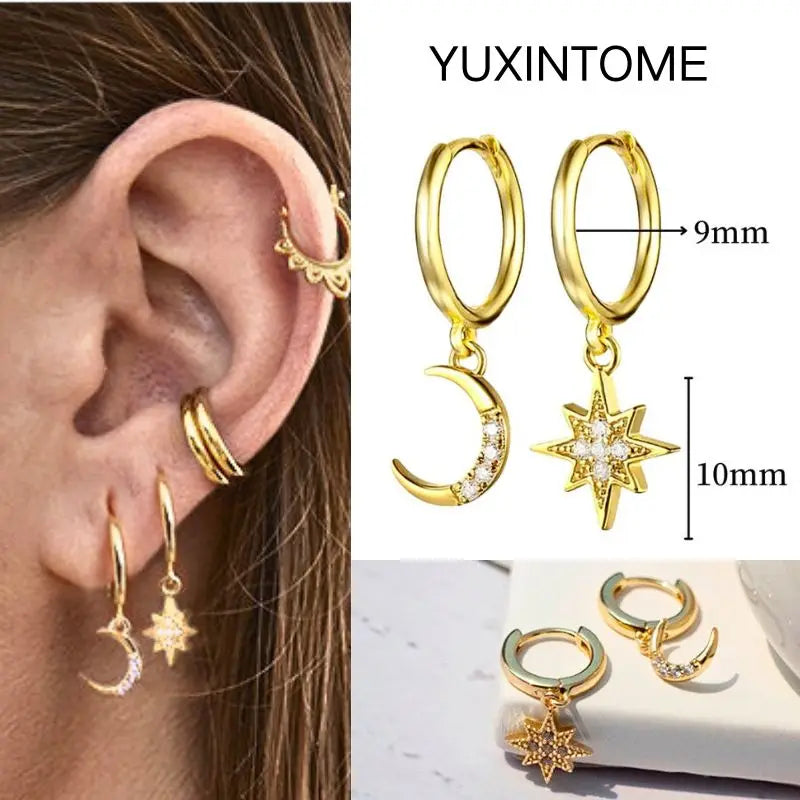 925 Silver Needle Star Hoop Earrings for Women - Five-pointed Star and Moon Pendant Huggie Earrings