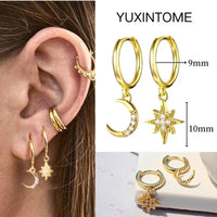 925 Silver Needle Star Hoop Earrings for Women - Five-pointed Star and Moon Pendant Huggie Earrings