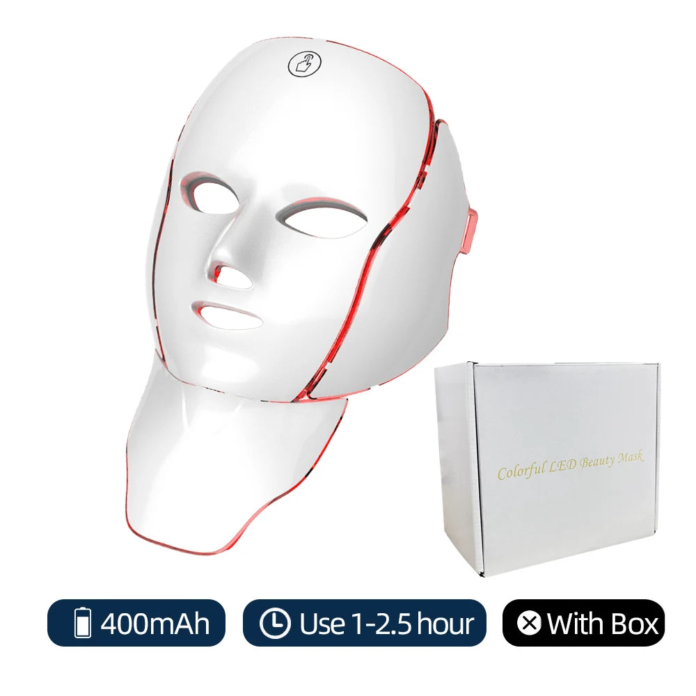 LED Facial Mask with Neck/7 Colors - Red Light Therapy Facial Mask for Anti-Aging, Rejuvenation & Brightening