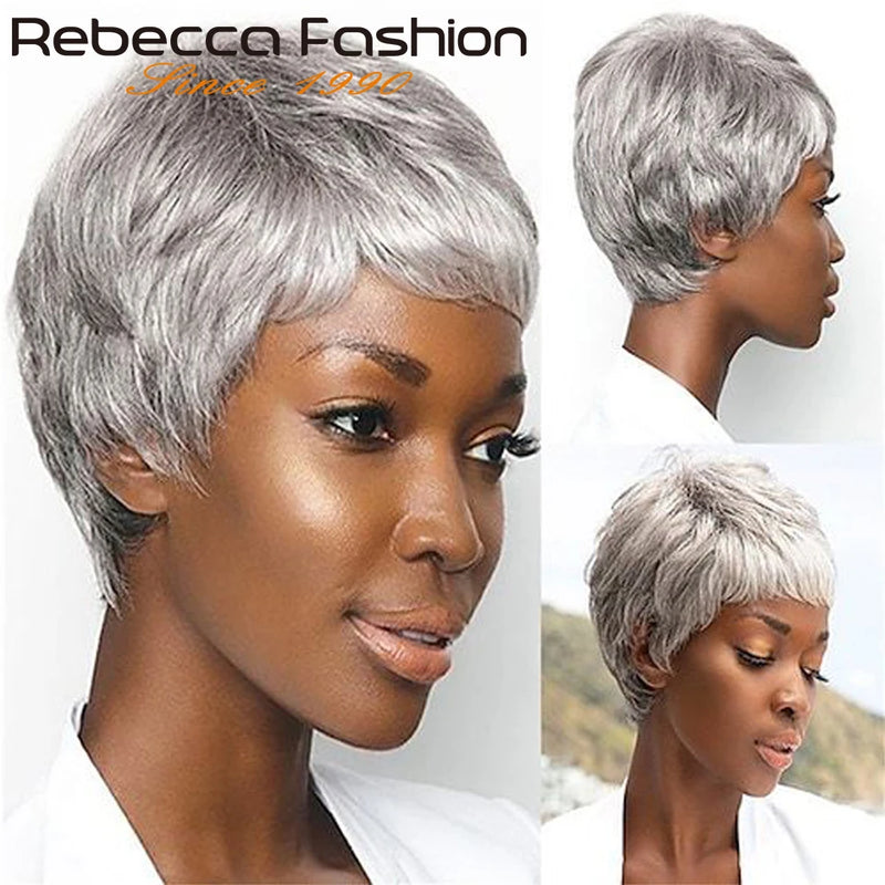 Grey Short Straight, Pixie Cut Bob, Human Hair Wig With Bangs for Women. Brazilian Remy Hair for Casual Wear-hair accessories-SWEET T 52