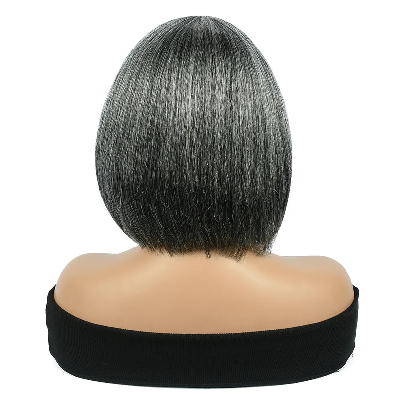 Salt & Pepper/Gray BOB Wigs, Short Human Hair, Full Machine Made Wigs for Women. Straight BOB with Bangs.