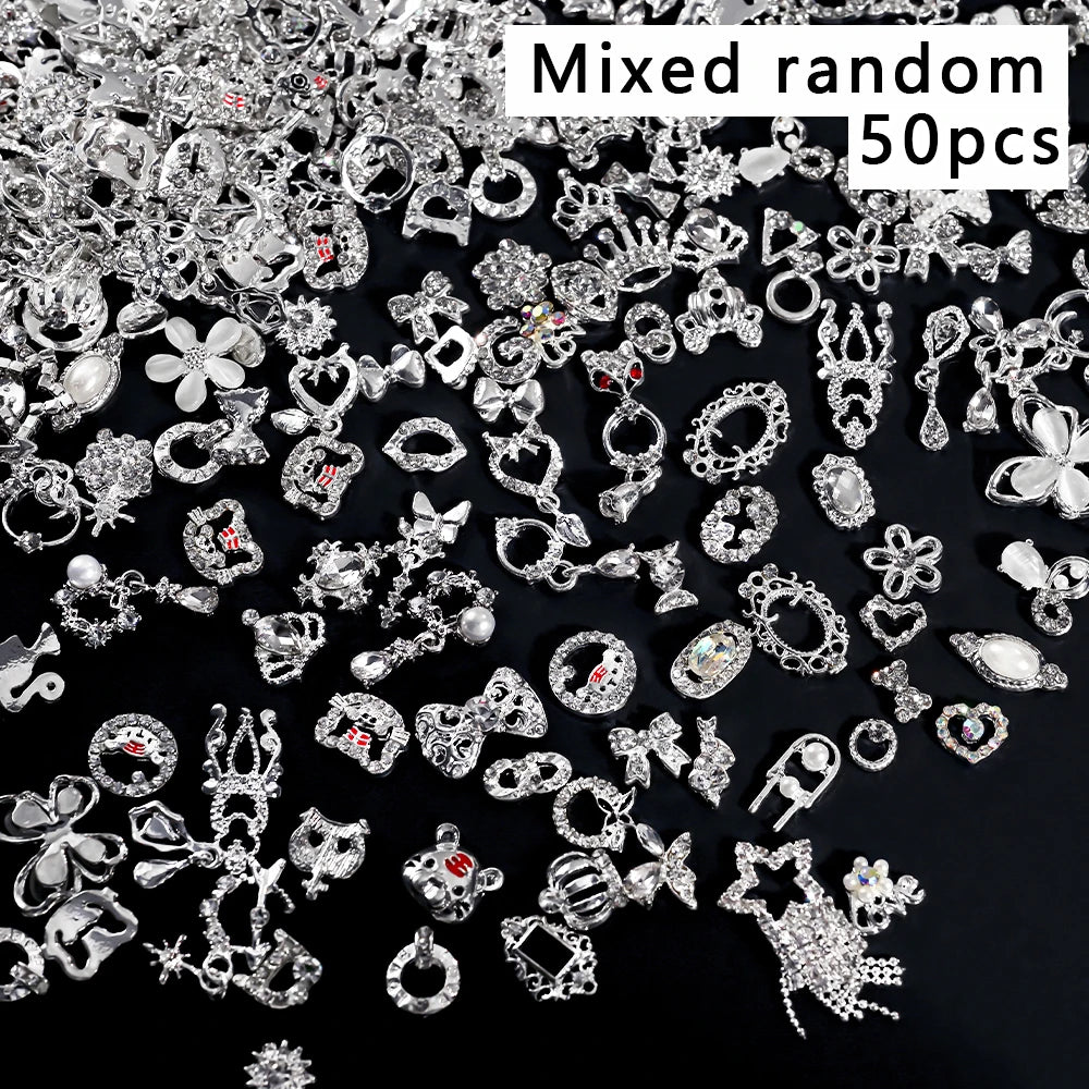 50Pcs 3D Silver Bowknot/Crown Metal Nail Charms With Tassel Pendant - Butterfly Nail Art Decorations, Mixed Shiny Manicure Supplies
