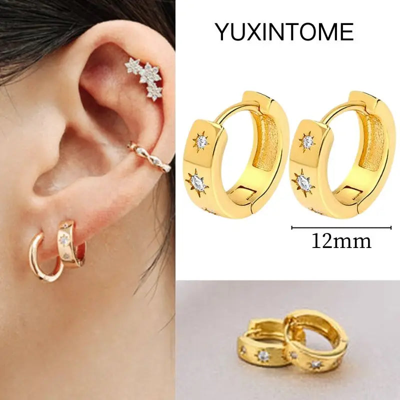 925 Silver Needle Star Hoop Earrings for Women - Five-pointed Star and Moon Pendant Huggie Earrings