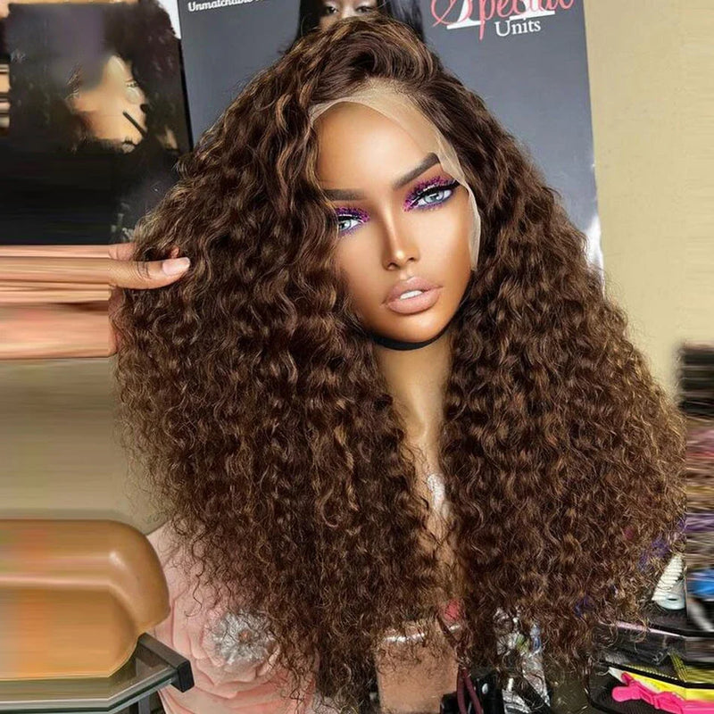 13x4/13x6  Chocolate Brown, Deep Wave, Lace Front Wigs. HD Transparent Lace Front Wigs, Curly Human Hair Wigs