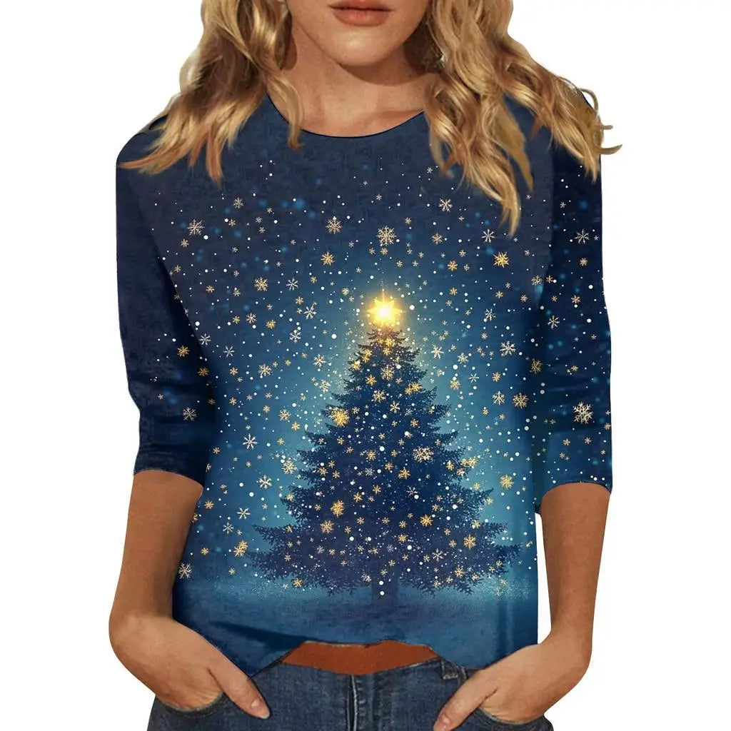 Christmas Limited Edition Women's 3D Red Snowflake Print Round Neck Long Sleeve T-shirt Fashion Casual Long Sleeve Top
