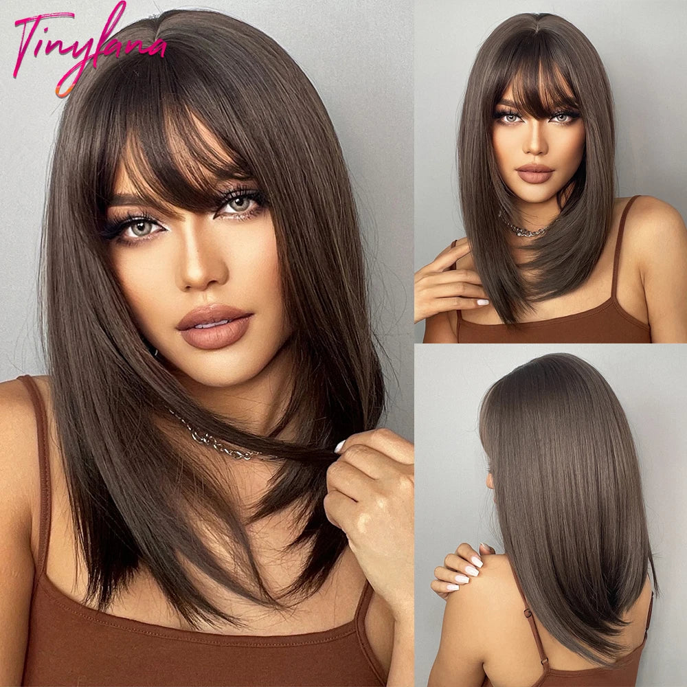 Short Straight Synthetic Wigs for Women with Bangs - Short Straight Bob Hair Wigs