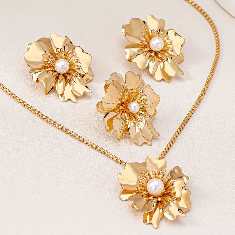 Flower Jewelry Set, Gold Metal/Pearl/Petal Pendant Necklace, Earrings & Ring for Women