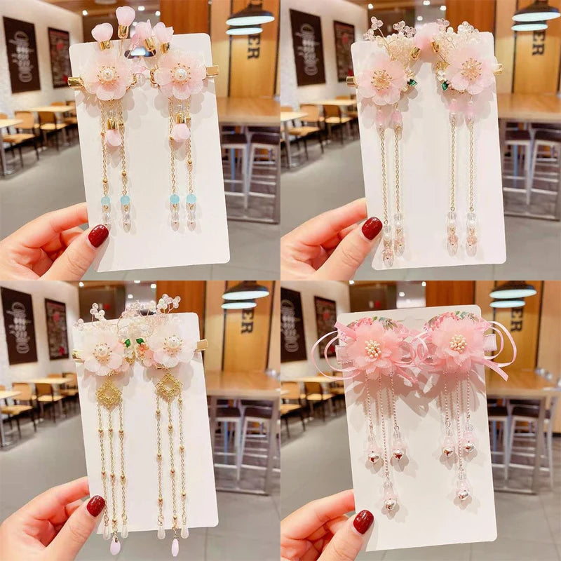 2pcs/set Chinese Style Pink Blue Flower Pearls, Long Tassel Hairpins, Clips, Headpieces for Kids.