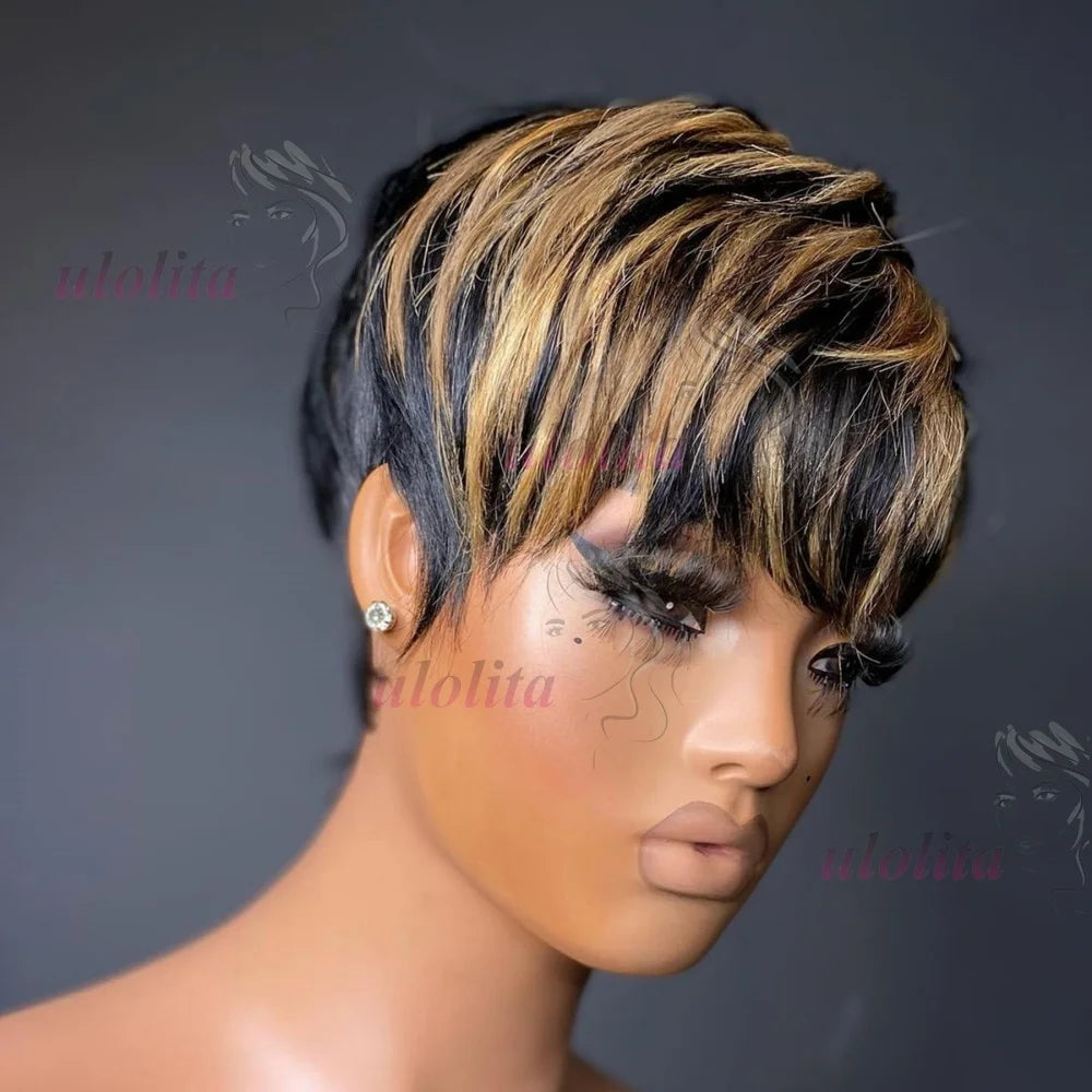 Short Human Hair Wigs - Full Machine Made Wigs, Straight, Highlights, Pixie Cut Wigs with bangs, Human Hair, for Women