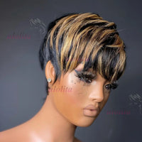 Short Human Hair Wigs - Full Machine Made Wigs, Straight, Highlights, Pixie Cut Wigs with bangs, Human Hair, for Women