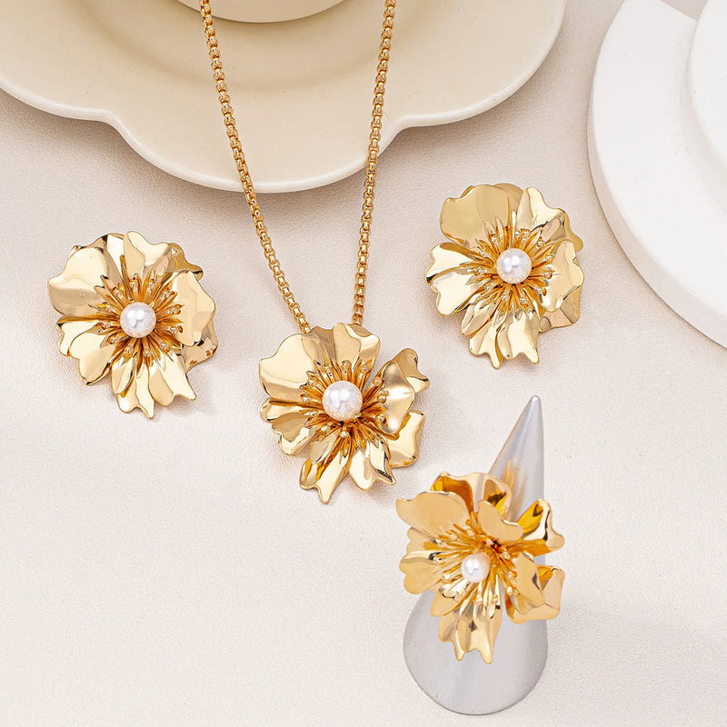 Flower Jewelry Set, Gold Metal/Pearl/Petal Pendant Necklace, Earrings & Ring for Women