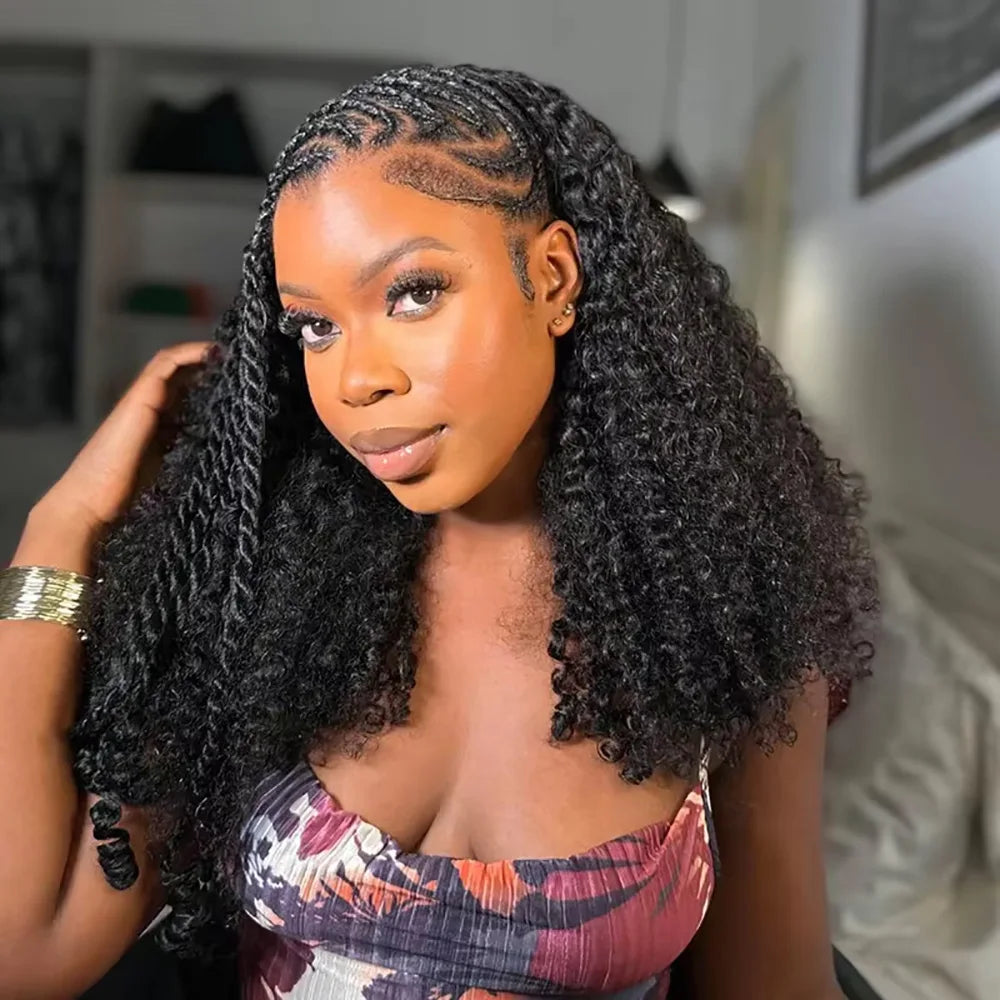 3 In 1 Human Hair Half Wig - Drawstring/Clip In, Kinky Curly Headband Wig for Women
