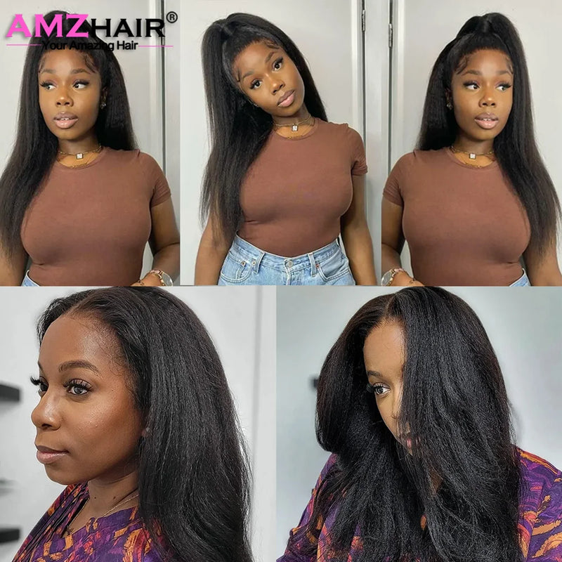 13X4 Kinky Straight Lace Frontal Wig, Human Hair for Women & Girls. 4x4 Yaki Straight Lace Closure Wigs With Baby Hair