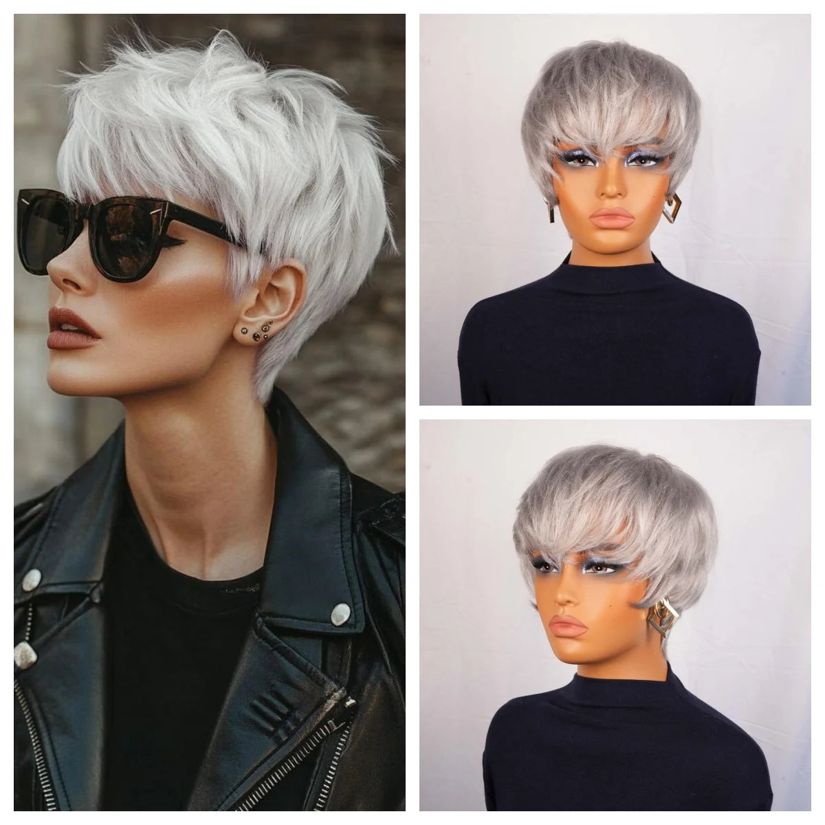 Silvery Grey Short Pixie Cut Wig with Bangs, Layered Straight Machine Made Bob Wig for Women