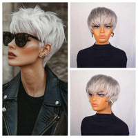 Silvery Grey Short Pixie Cut Wig with Bangs, Layered Straight Machine Made Bob Wig for Women