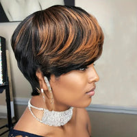 1B/30 Color Straight Human Hair Wig Pixie Cut Human Hair Wig With Bangs Full Machine Made Wig Ombre Colored Wig Sweet T 52
