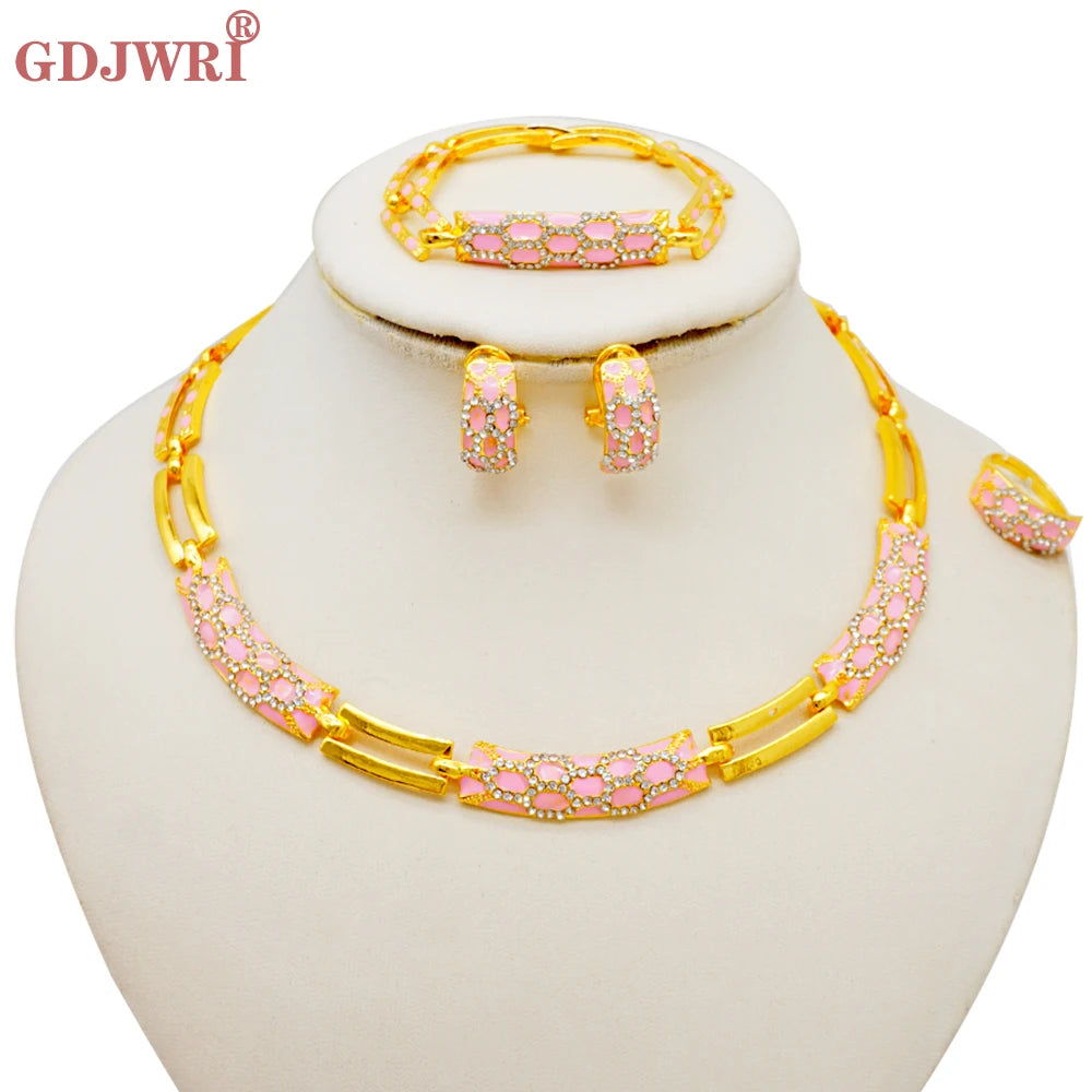 Dubai Gold Color Classics Jewelry Sets for Women - Charming Crystal Green Necklace/Earrings - Nigerian Wedding, African Costume Jewelry