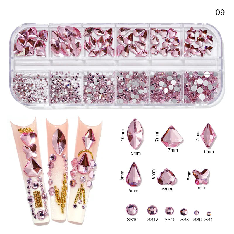 12Gird Box Multi Size AB/Colorful Non-Hotfix Rhinestones Flatback Crystal Diamond Gems 3D Glitter Nail Art Luxurious Decorations SWEET T 52