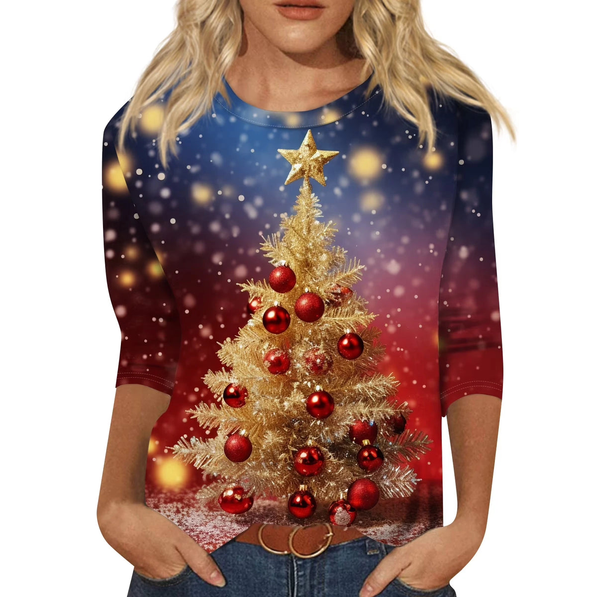 Christmas Limited Edition Women's 3D Red Snowflake Print Round Neck Long Sleeve T-shirt Fashion Casual Long Sleeve Top