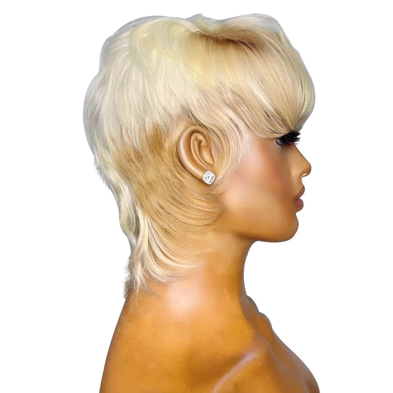 613 Blonde Human Hair Mullet Wig, Brazilian Remy Straight Hair Wig with Bangs for Women & Girls