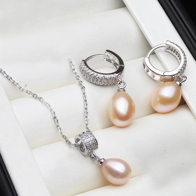 Genuine Natural Pearl Necklace And Earring Set for Women - Trendy 925 Silver Pearl Jewelry Set for Annniversary or Gift in 5 Colors