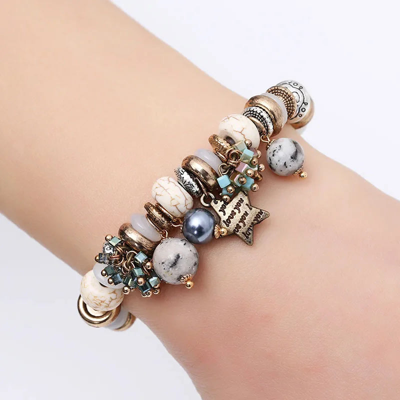 Natural Stone Bracelets - Gold Color Metal, Star Charm, White Beads, Elastic Bracelet. Luxury Fashion Jewelry Bracelets for Women