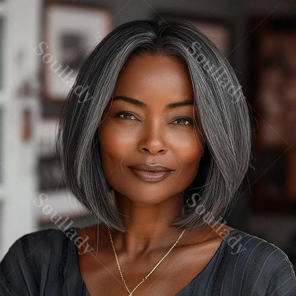 Soul Lady Glueless Ready To Go Salt And Pepper Wigs Straight Bob Real Human Hair Wigs 4x4 Lace Closure Wigs For Older Women Sweet T 52