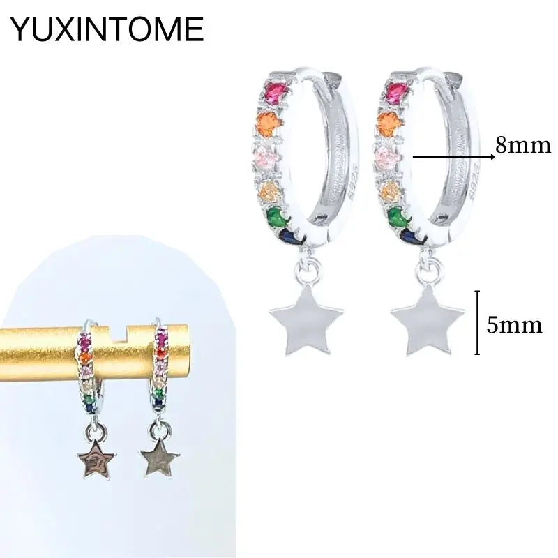 925 Silver Needle Star Hoop Earrings for Women - Five-pointed Star and Moon Pendant Huggie Earrings
