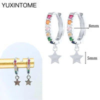 925 Silver Needle Star Hoop Earrings for Women - Five-pointed Star and Moon Pendant Huggie Earrings