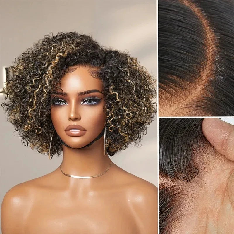 Short Honey Blonde Bob, Kinky Curly, Brown with Ombre Highlights, 5x7 Lace Classic Closure, Human Hair Wigs for Women