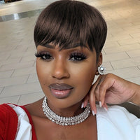 ﻿ 100% Human Hair Straight Short Pixie Cut Wig with Bangs  - Tangle-Free, Natural Hairline, Full Machine Made  for Women