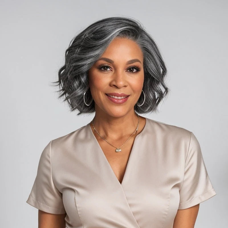 Soft Salt & Pepper Short Body Wave Wig, 5x5 Lace Front Human Hair Wig