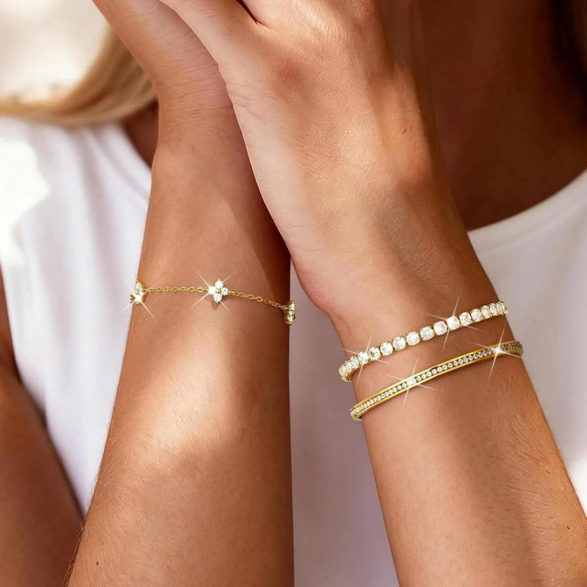3PC Stackable Bracelet Set for Women - Adjustable 14K Gold-Plated & Silver Stainless Steel Tennis Bracelets
