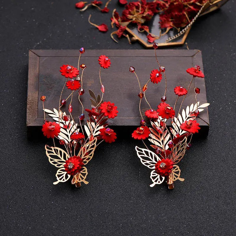 Red Hairpins/Bride Hair Clips - Vintage Chinese Wedding Hair Accessories for Women and Girls-hair accessories-SWEET T 52