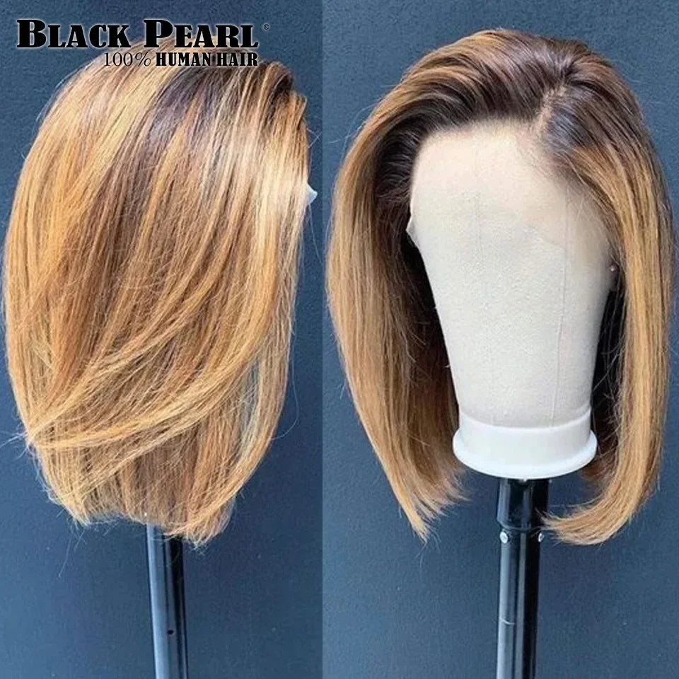 Ombre Straight Bob 13x6X2 Lace Front Wigs. Human Hair Short Bob Wigs, Ash Blonde Remy Hair, Pre-Plucked, Glueless Wig.