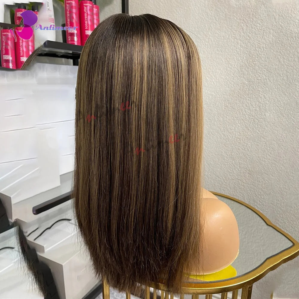 Highlight Brown Silk Base Wig Human Hair Glueless Human Hair Wigs With Brown Roots 200 Density Lace Front Wigs Short Bob Wigs Sweet T 52