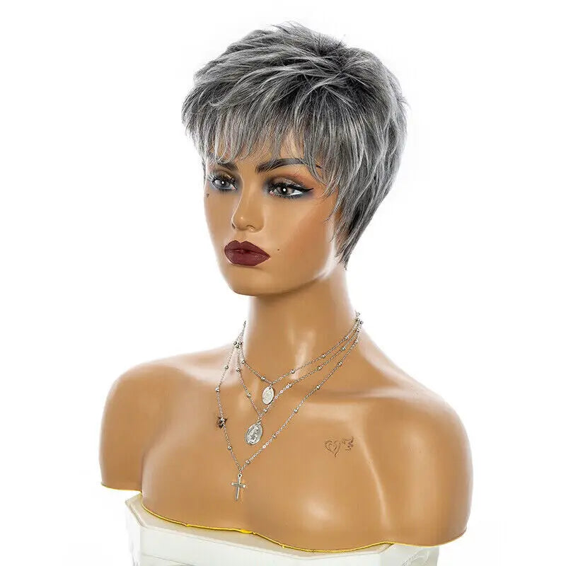 Short Black Root Grey Cut,  Straight Slightly Layered Synthetic Wig for Women & Girls