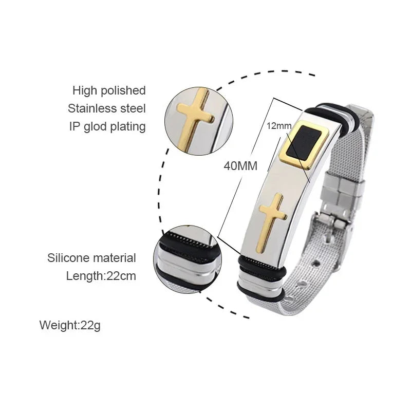 Men's Cross Prayer Strap Bracelets, Stainless Steel Net Watch Band, Male/Female, Unisex, Size Adjustable