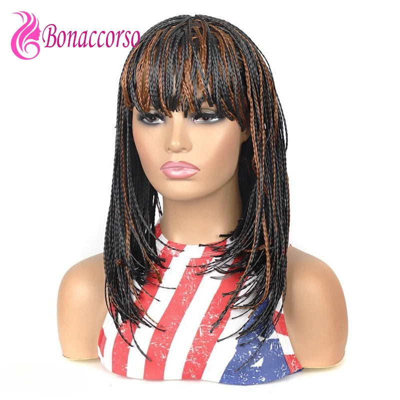 Afro Dreadlocks Box Braided Bob Wig Synthetic Short Braids Wig For Black Women Blunt Bangs 3X Twist Braids High Quality Wig Sweet T 52