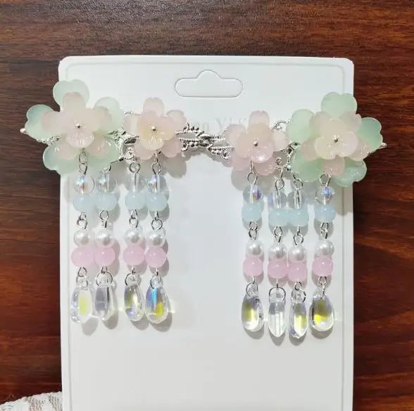 2pcs/set Chinese Style Pink Blue Flower Pearls, Long Tassel Hairpins, Clips, Headpieces for Kids.