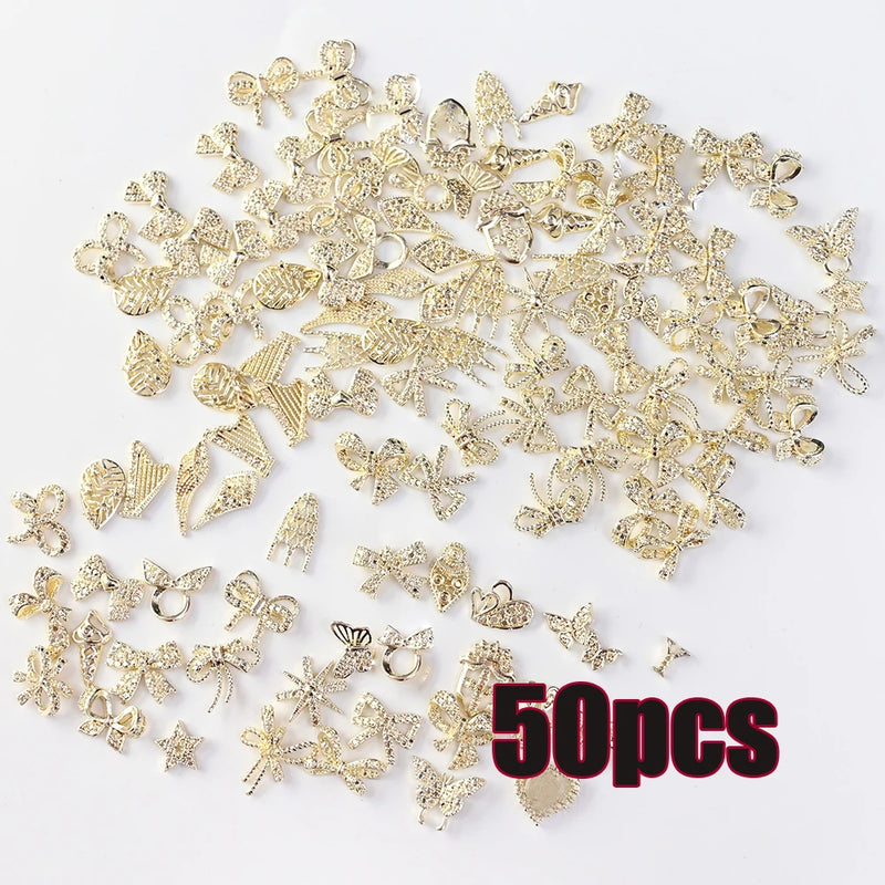 1 Bag Random Luxury Nail Art Dangle Jewelry, Mixed Style Nail Charms, Rhinestones 3D, 50 Pieces