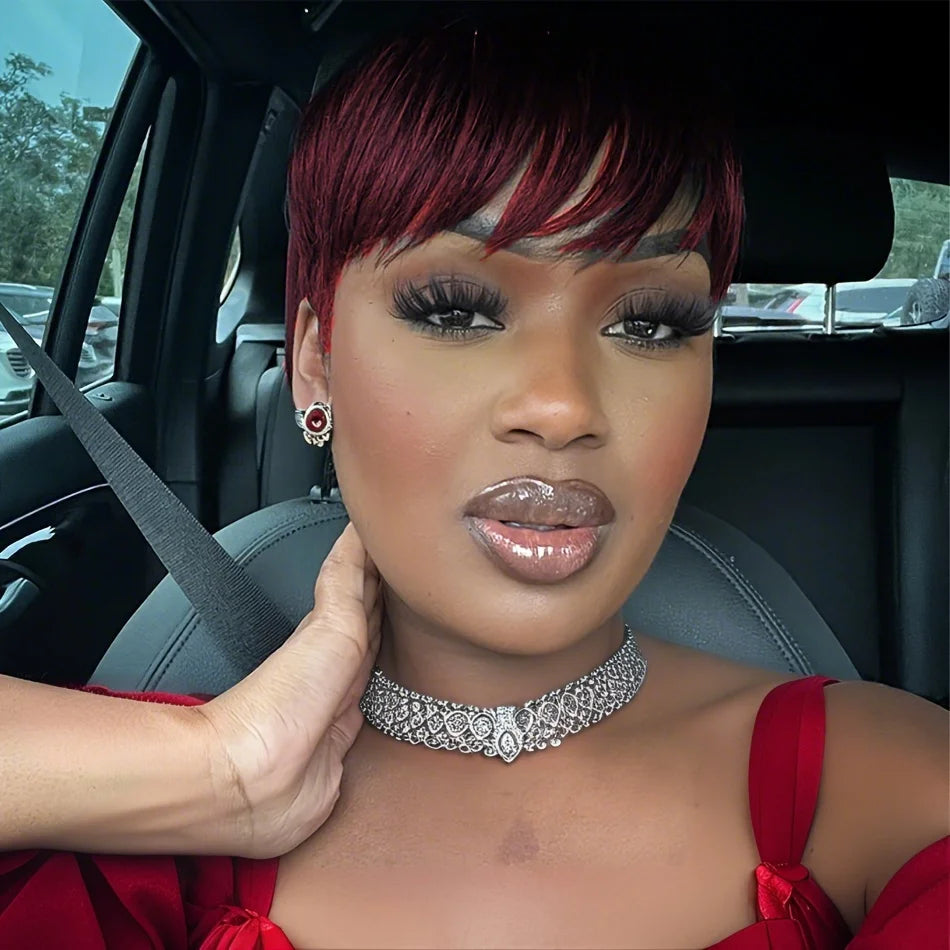 ﻿ 100% Human Hair Straight Short Pixie Cut Wig with Bangs  - Tangle-Free, Natural Hairline, Full Machine Made  for Women